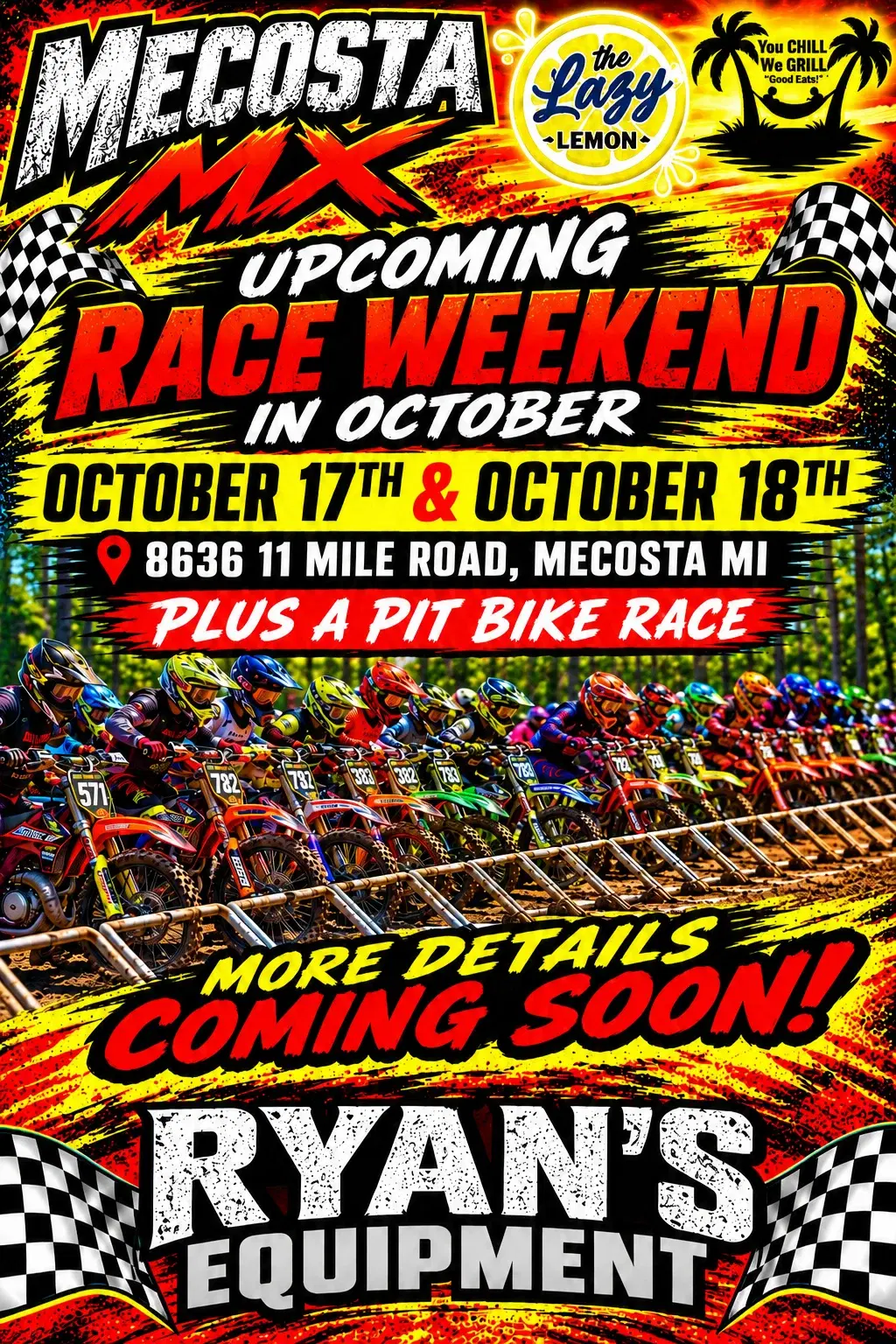 Mecosta MX upcoming race weekend flyer for October 17 and 18, 2026, including a pit bike race, at 8636 11 Mile Road, Mecosta MI